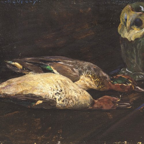 Hein-Neufeldt, Max. Eule vor zwei erlegten Enten. Öl/Karton. 35,5 x 55,5 cm. Sign.
