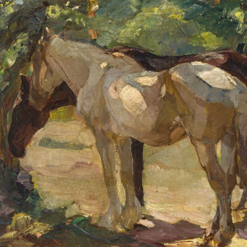 Hein-Neufeldt Max. Zwei Pferde unter Bäumen. Öl/Lw. 52 x 65 cm. Sign.