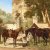 Quaglio, Franz, zugeschrieben. Gesattelte Pferde und Hunde vor einem Schloss. Öl/Holz. 30 x 39,5 cm. Rest. Sign.