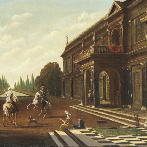 Saeys, Jakob Ferdinand, zugeschrieben. Villa am Kanal, auf dem Vorplatz zwei Reiter. Öl/Lw. 39 x 55,5 cm. Rest., doubl. Unsign.
