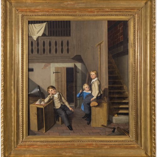 Gruss, Anton, zugeschrieben. Interieur eines Hauses mit drei Kindern. ÖL/Lw. 57 x 50 cm.