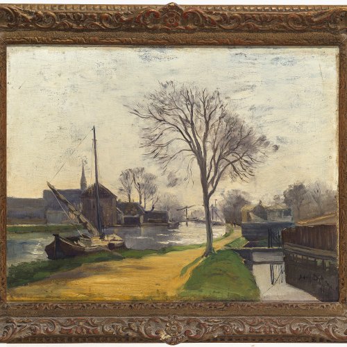 Dijk, Adolf van. Kleine Stadt an einem Fluss. Öl/Holz. 35,5 x 45,5 cm. Sign.