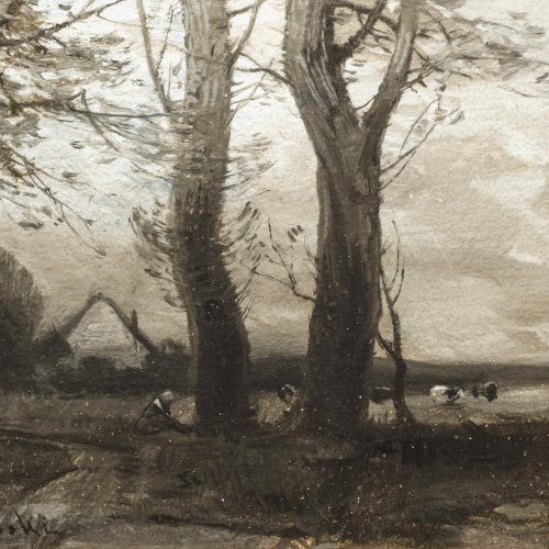 Kochanowski, Roman. Weite Landschaft mit Weidevieh. Öl/Papier/Holz. 15 x 23 cm. Sign.