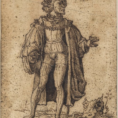 Huber, Wolf, Umkreis. Deutsch, 16. Jh. Stehender Edelmann in prunkvollem Gewand. Federzeichnung. 9,2 x 6,3 cm.