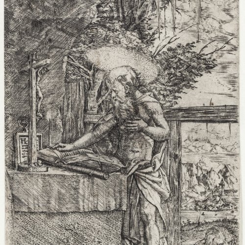 Altdorfer, Albrecht. Der lesende Hieronymus. Kupferstich. 10 x 6 cm. Rückseitig mit zwei Sammlerstempeln: Lugt 2722 bzw. 906 (Kouriss bzw. Edmund Schultze).