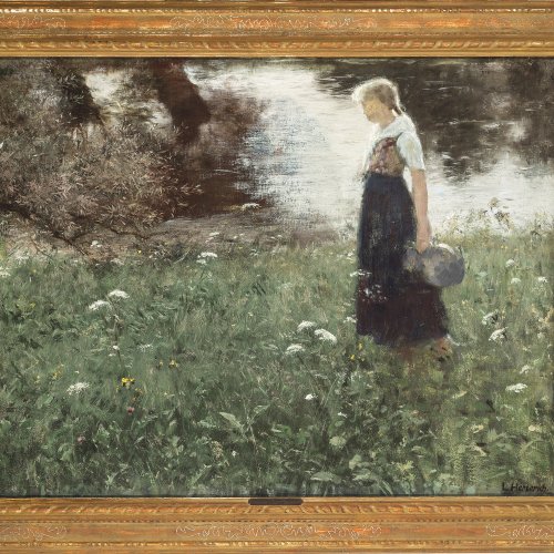 Herterich, Ludwig von. Mädchen mit Krug auf einer Blumenwiese. Öl/Lw. 69 x 90 cm. Sign.