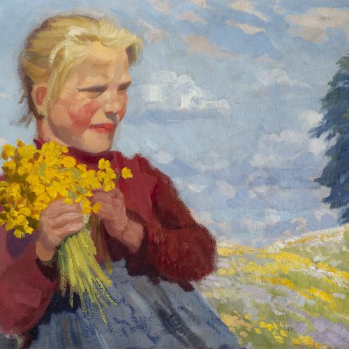 Georgi, Walter. Junges Mädchen mit einem Strauß gelber Sommerblumen, um 1903. Öl/Lw. 65 x 80,5 cm. Sign.