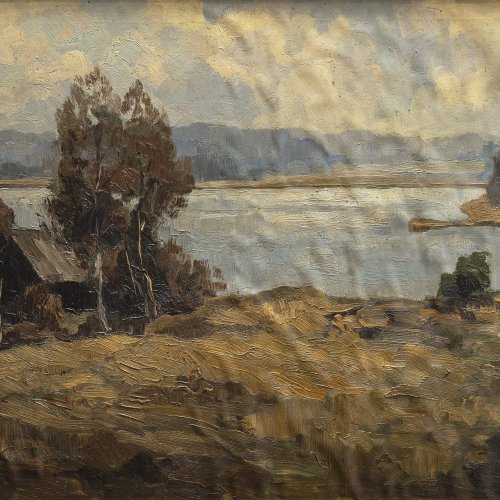 Baer von Mathes, Carola Hütte an einem See. Öl/Lw./Karton. 39 x 59 cm. Sign., dat. 26.