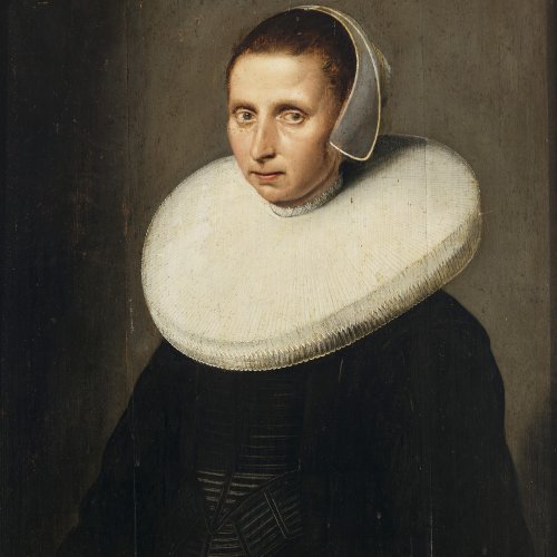 Cuyp, Jacob Gerritsz, Umkreis. Brustporträt einer Dame mit Mühlsteinkragen und Haube. Öl/Holz. 69,5 x 62 cm. Besch., rest. Unsign.