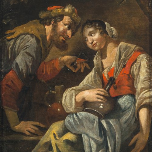 Toorenvliet, Jacob. Junges Paar beim Umtrunk. Öl/Holz. 25,5 x 22,5 cm. Rest., Signatur berieben.