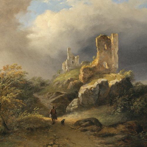 Dubourcq, Pierre Louis, zugeschrieben. Landschaft mit Ruine, im Vordergrund Wanderer mit Hund. Öl/Holz. 20,5 x 23,5 cm.