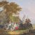 Niederlande, 18. Jh. Zirkusleute mit zwei zahmen Bären vor einem Bauernhaus. Aquarell. 23,5 x 29,5 cm. Besch. Undeutlich sign. 