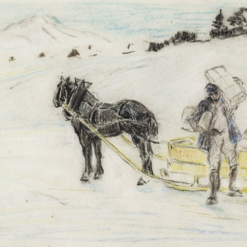 Geffcken, Walter, Postschlitten im Winter, Zeichnung.