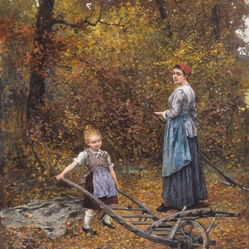 Ritter, Caspar. Mutter mit Kind im Herbstwald. Öl/Lw. 69,5 x 57,5 cm. Sign., dat. 1893 bez.: Karlsruhe.