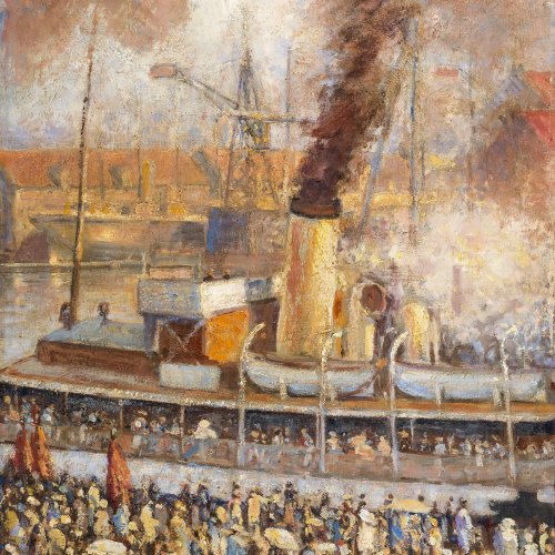 Jastrau, Viggo. Hafenszene mit Passagierdampfer. Öl/Lw. 71 x 55 cm. Sign., dat. 1933.