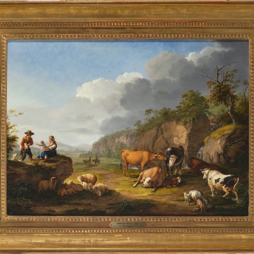 Pforr, Johann Georg. Hirten mit ihren Tieren auf der Weide vor weiter Landschaft. Öl/Holz. 42,5 x 58. Rest., sign.