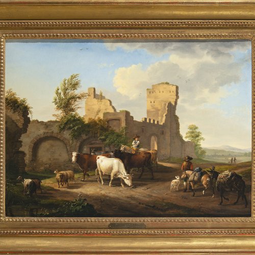 Pforr, Johann Georg. Hirten mit ihren Tieren, einem Packpferd und einem Esel  vor weiter arkadischer Landschaft. Öl/Holz. 42,5 x 58. Rest., sign.