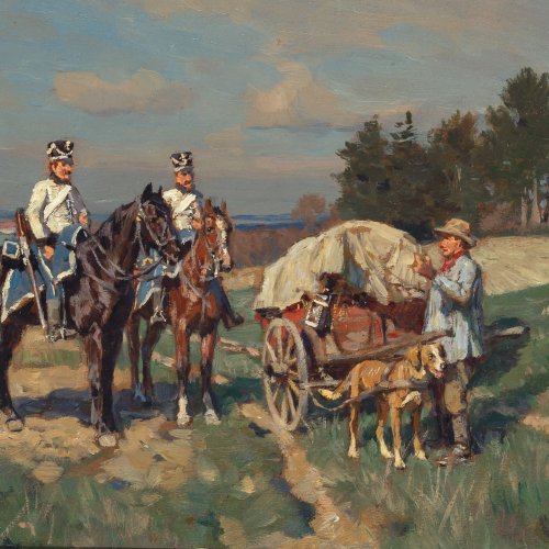 Velten, Wilhelm von. Soldaten zu Pferd kontrollieren einen Landstreicher. Öl/Holz. 15 x 23,5 cm. Sign.