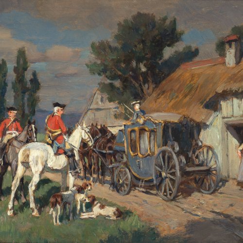 Velten, Wilhelm von. Höfische Jagdgesellschaft mit Kutsche vor einem Bauernhaus. Öl/Holz. 15 x 23,5 cm. Sign.