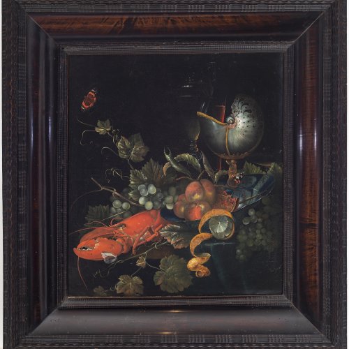 Elliger, d.J., Ottmar, zugeschrieben. Früchtestillleben mit Hummer, Zitrone und Nautilluspokal. Öl/Lw. 64 x 57 cm. Doubl., rest., unsign.