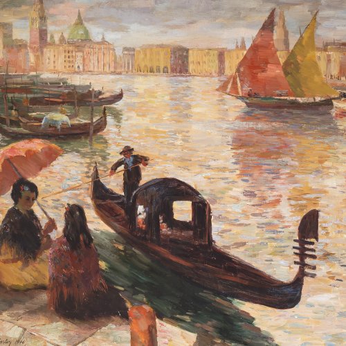Fessler, Albert, Gondel vor Venedig. Öl, 99 x 116 cm.