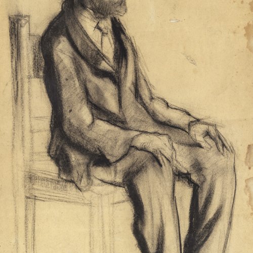 Glatz, Oskar, zugeschrieben, Sitzender Mann mit Hut, Kohlezeichnung.