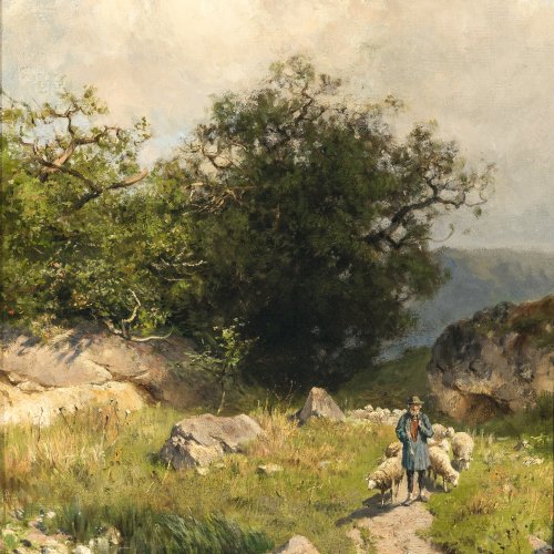 Splitgerber, August. Schäfer mit seiner Herde in bergiger Sommerlandschaft. Öl/Lw. 40,5 x 30,5 cm. Sign.