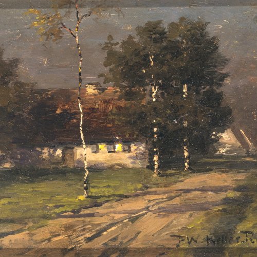 Keller-Reutlingen, Paul Wilhelm. Bauernhaus mit Birken in stimmungsvollem Morgenlicht. Öl/Holz. 16 x 20 cm. Sign.