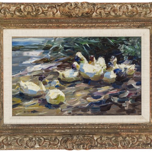 Koester, Alexander. „Enten am Ufer“ (sieben weiße Enten). Öl/Lw./Karton. 26,8 x 42,8 cm. Sign. WVZ Nr. 981.