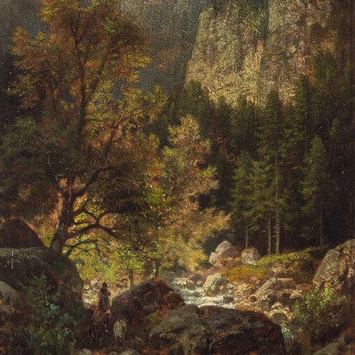 Sckell, Ludwig, Berglandschaft mit Bach und Ziegenhirtin, Öl/Holz, 20 x 15,5 cm. Sign.
