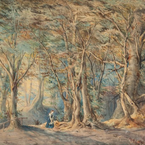 Sckell, Ludwig, Uferlandschaft mit Mädchen, Aquarell, 48 x 70 cm.