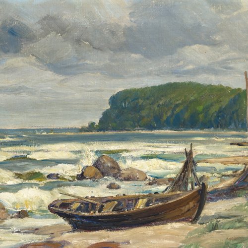 Tiedjen, Willy, Ostseestrand mit Ruderboot, Öl/Lw. 39 x 60 cm.