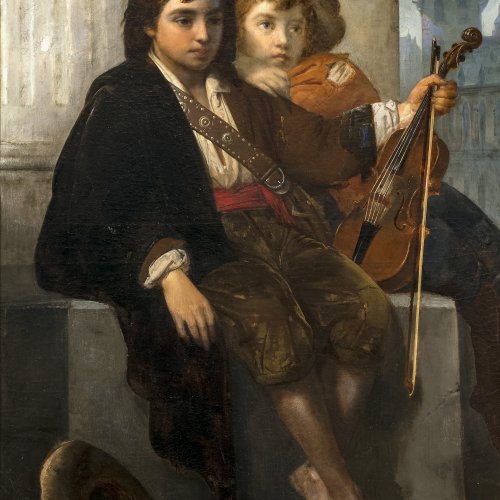 Hagelstein, Paul. Zwei kleine Musikanten. Öl/Lw. 126,5 x 91,5 cm. Rest., sign. , dat. 1860.