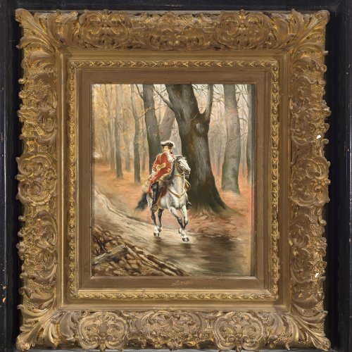 Baworowski, Anton Karl, Höfling auf einem Ritt durch den Wald, Öl/Holz, 27 x 22,5 cm. Sign.