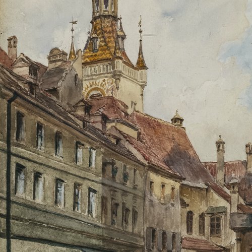 Czech, Emil, Turm des Alten Rathauses in München, Aquarell, 27,5 x 14,5 cm.