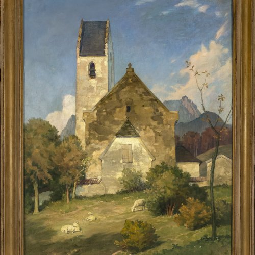 Müller-Samerberg, Karl Hermann. Blick auf die Kirche von Roßholzen, Öl/Lw. 81 x 64 cm.