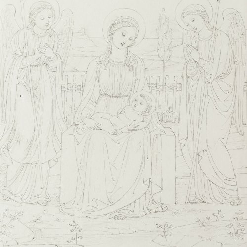 Eberhard, Konrad. Jungfrau Maria mit Kind von zwei Engeln flankiert. Bleistiftzeichnung. 26,5 x 21 cm. Sign., dat. 1820.