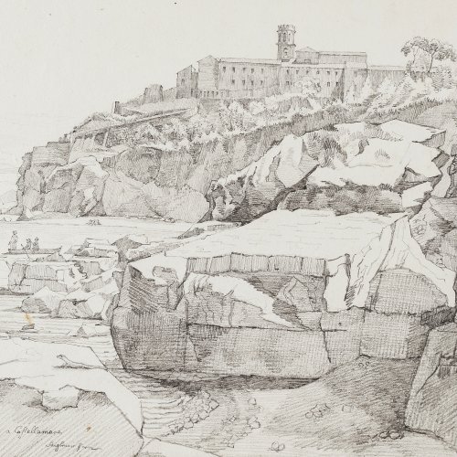 Stiglmaier, Johann Baptist. Blick auf den Strand und das Kastell von Castellammare. Bleistiftzeichnung. 21 x 29 cm. Sign., rücks. bez.: 