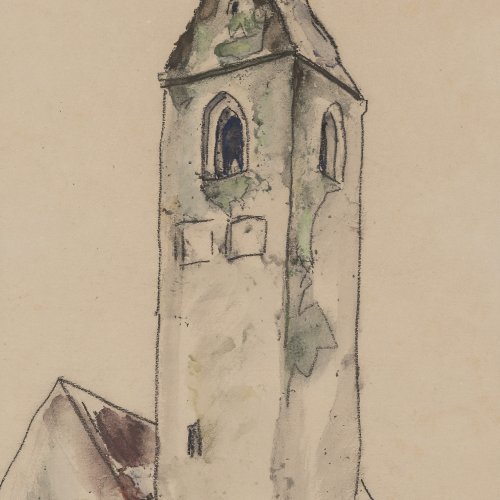 Schröder, Heinrich. Kirchturm. Aquarell. 34 x 25 cm. Sign.