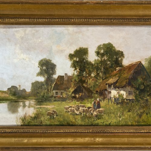 Heinisch, Carl, Bauernhof mit Bäuerinnen und Schafen, Öl/Karton, 26,5 x 43 cm.