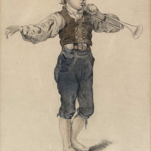 Ender, Eduard, Junge mit Trompete, aquarellierte Bleistiftzeichnung, 25 x 19 cm.