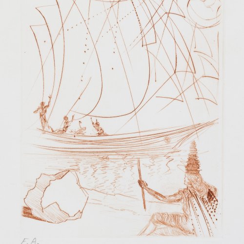 Dali, Salvador, surrealistische Komposition, Farbradierung.