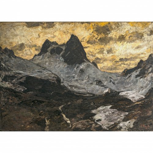 Baer, Fritz, Madatsch-Gletscher, Öl/Lw. 149 x 201 cm. Sign. Rückseitig Ausstellungsetikett: 