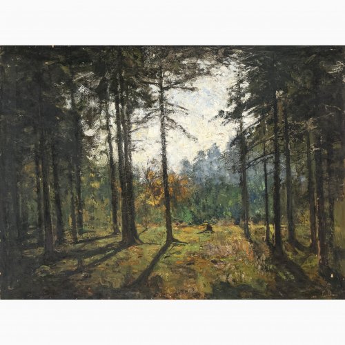 Baer, Fritz, Fichtenwald im Gegenlicht, Öl/Lw. 75 x 100 cm, sign.