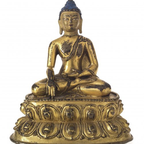 Buddha auf Lotosthron. Bronze. H. 11,7 cm. Tibet