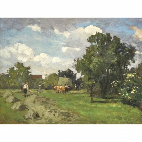 Baer-von Mathes, Carola, Heuernte, Öl/Lw. 52 x 69 cm. Sign.