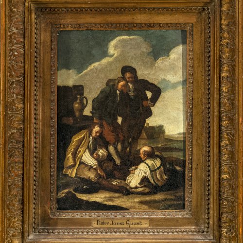 Quast, Pieter, Umkreis, rastende Bauern am Flussufer beim Kartenspiel, Öl/Lw. 33 x 24,5 cm.