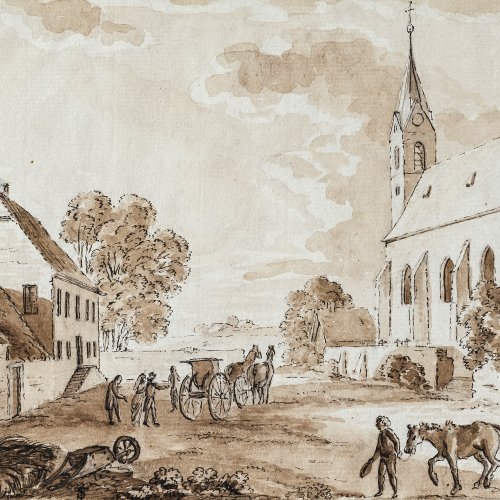 Stange, Bernhard, zugeschrieben. Kirche (Sindelsdorf?) mit Bauernhaus. Lavierte Federzeichnung. 14,8 x 19,5 cm. Unsign. Monogr. TS.