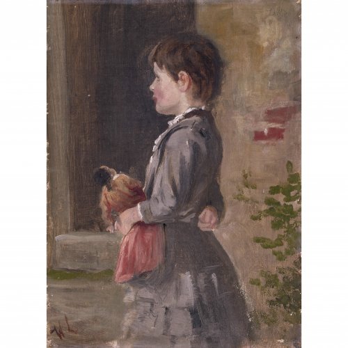 Leibl, Wilhelm, zugeschrieben. Mädchen mit Puppe. Studie. Öl/Malpapier/Karton. 22 x 16,5 cm.