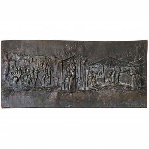 Faller, Max, Anbetungsszene des Jesuskindes. Bronzerelief. 13,5 x 35 cm.